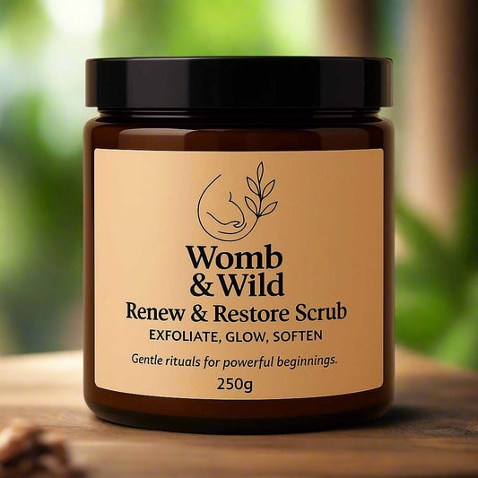 Jar of Womb & Wild Renew & Restore Scrub on a beige background